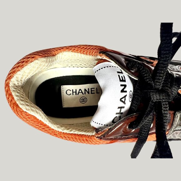 Chanel Brown Beige CC Sneakers Fabric Stretch Size 6 w/ COA - Picture 9 of 11